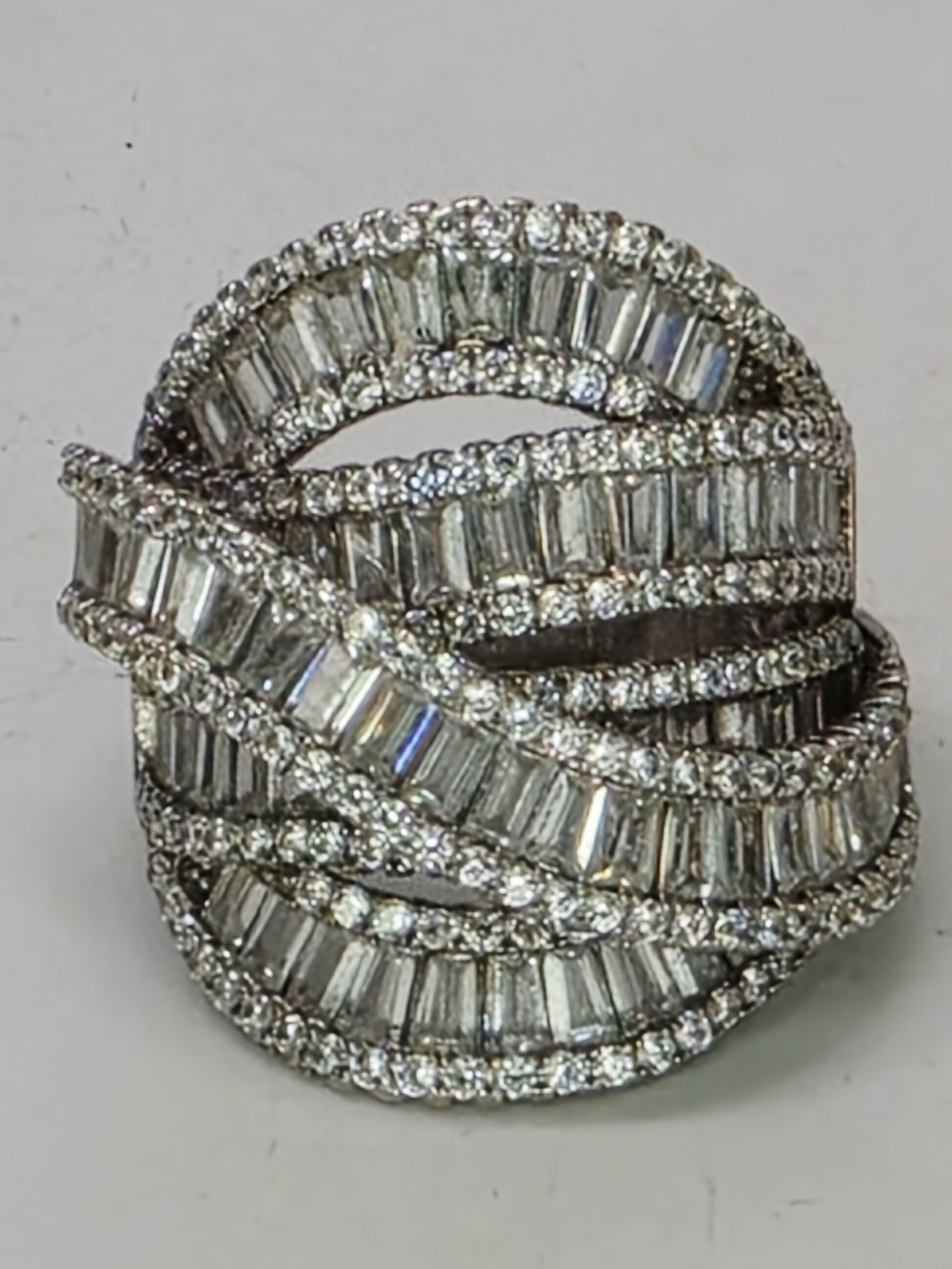 Diamonique Baguette & Round Wide Crossover Band Ring Sterling Silver Size 9 Box - Picture 9 of 11